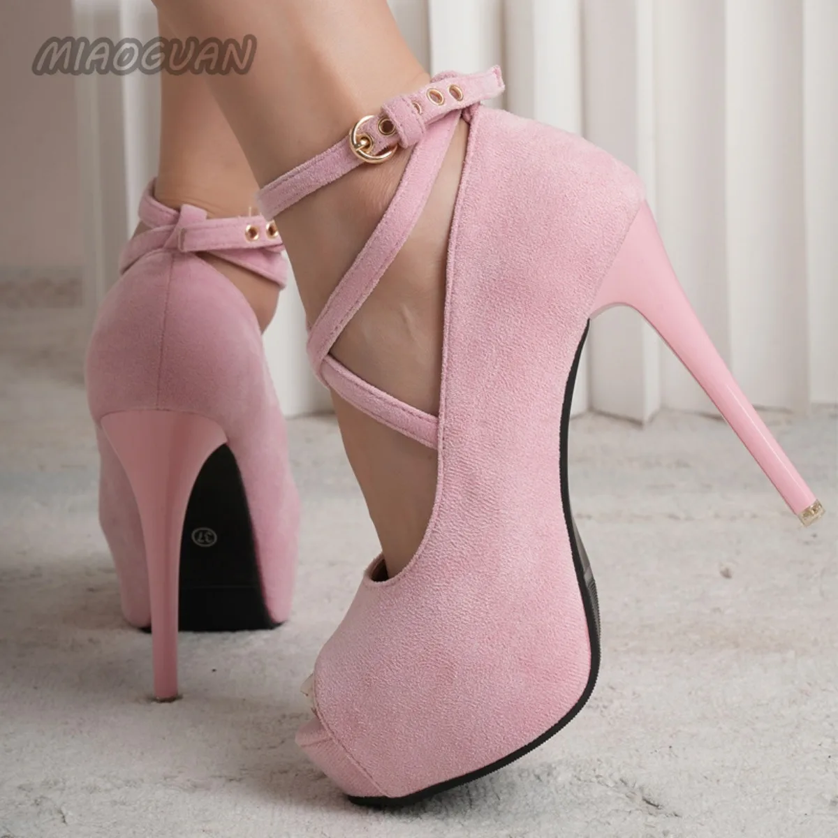 Elegant Heeled Woman Platform Fish Mouth Single Pink Black Thin High Heels Ladies Shoes Sexy Ankle Cross Strap Pumps b2e4 1888