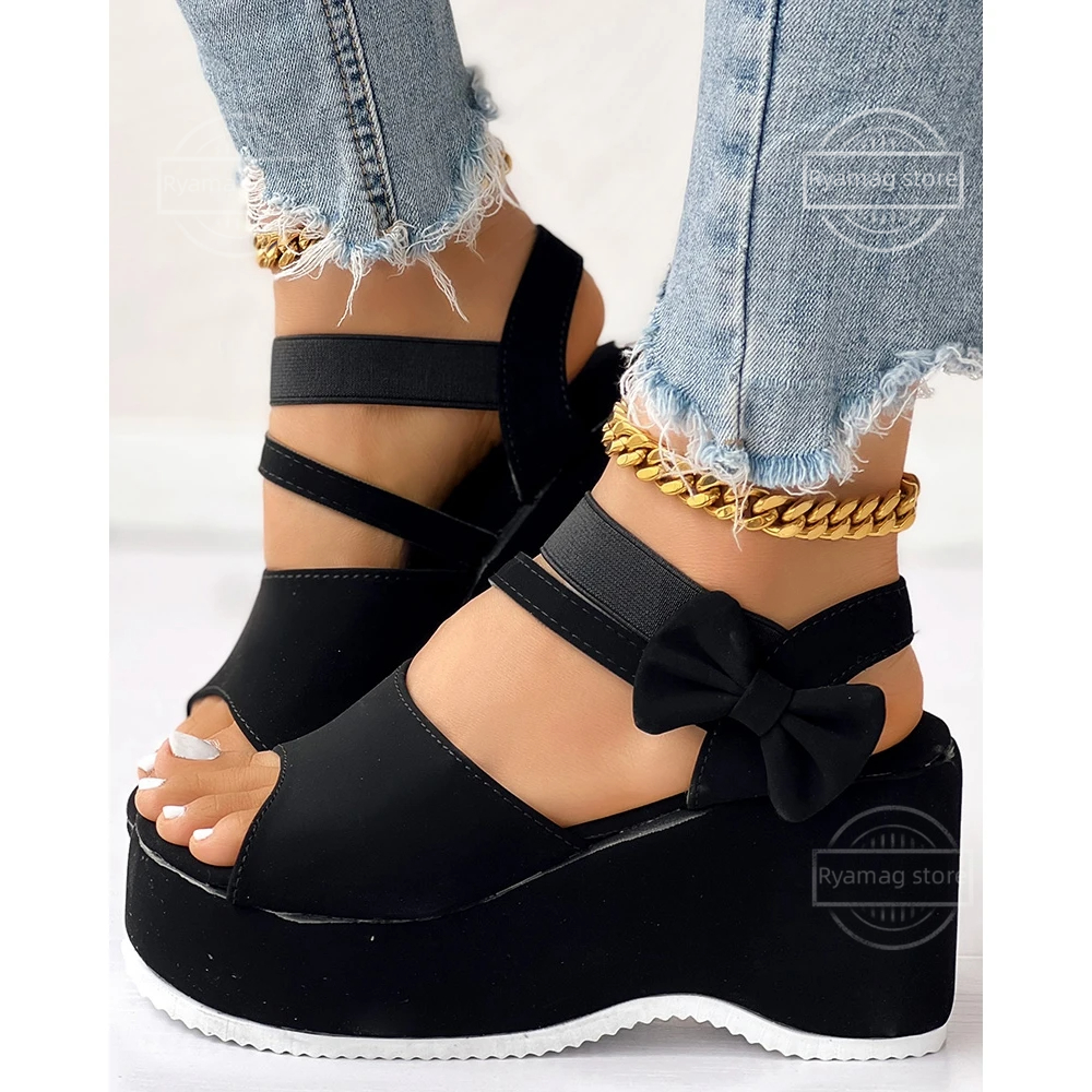 Sandals Women Peep Toe Bowknot Decor Platform Slingback Wed Soft Bottom Wedge Heels Sandalias Mujer Elegant Wedges Shoes