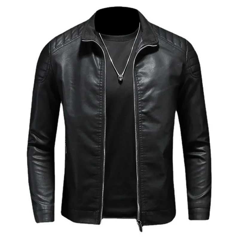Spring and Autumn Mens Motorcycle Jacket Solid Polo Neck Fashion Casual PU Jacket High Quality Mens Leather JacketX240913