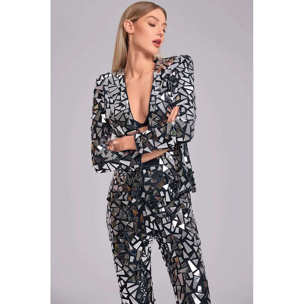 V Neck Mirror Sequin Two Pieces Top And Pant Fashion Women's Matching Spring Autumn Office Lady Long Sleeve Outfit Set