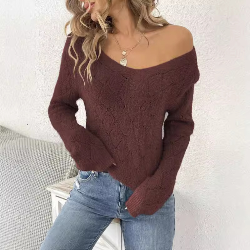 dongdumaoyi New autumn and winter V-shaped sweater long sleeved pullover knitted sweater loose casual lazy style solid color knitted sweater F0914#40