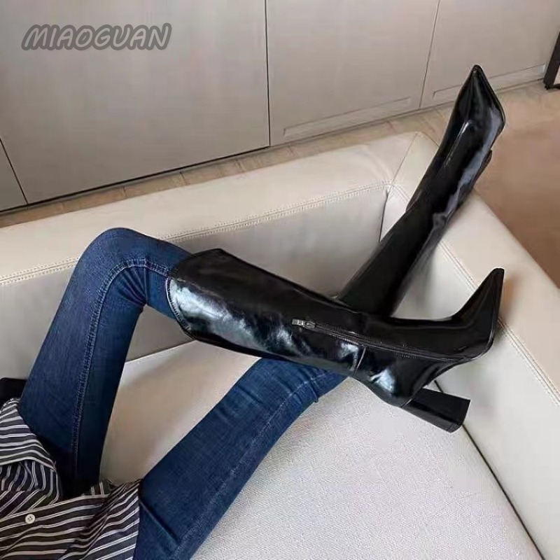 Women 2023 New New Solid High Heels Long Lady Riding Autumn Winter Designer Pointed Toe Knee-High Boots Retro Botas aba1 Knee-