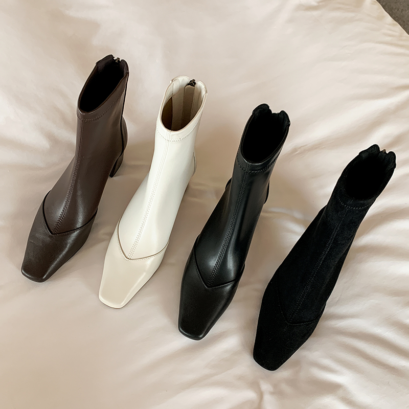 JOZHAMTA Size New 34-39 Women Ankle Real Leather Square Tow High Heels Shoes Woman Winter Fashion Casual Office Elastic Boots