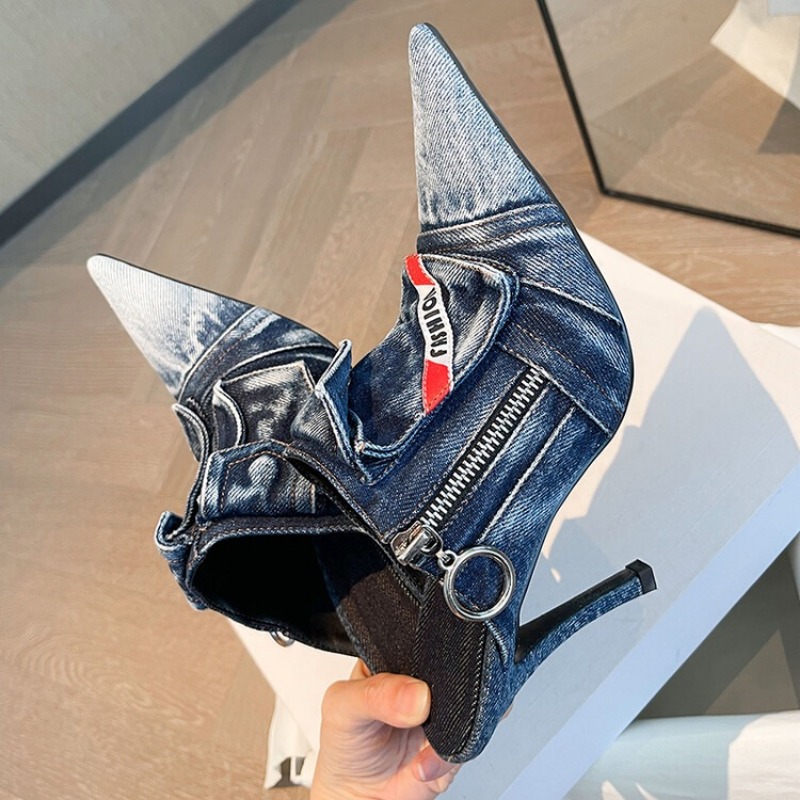 Pocket New Retro Side Zip Lady Slippers Pointy Toe Stiletto Patchwork Sexy Ladies High Heels New Washed Denim Sandals 7cb6