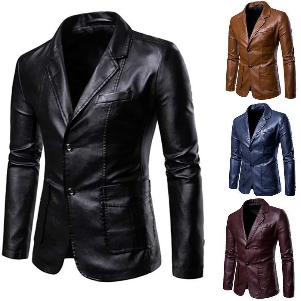2024 New Mens Leather Suit Jacket Solid Formal Business Office Lapel Blazers Male Button-down PU Leather Coat Men ClothingX240913