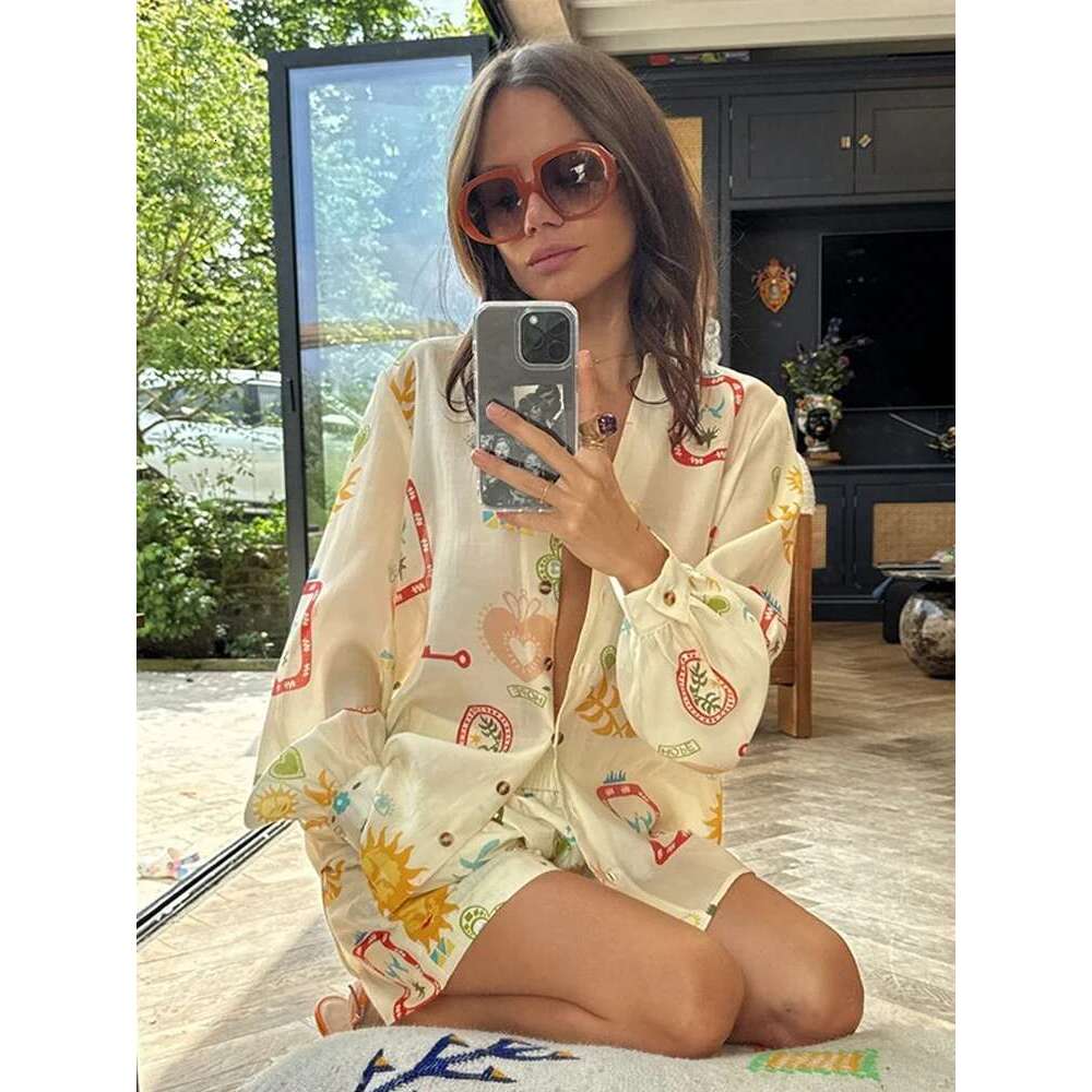 Summer Women Prined Set Causal Lapel Single Breasted Full Sleeves Shirt Elastic Shorts Suit Vacation Lady Outfit