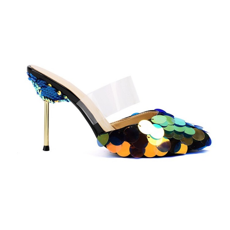 New Pointed Large Sequin Outdoor Summer Slippers Women's Summer Nightclub Spicy Girl Punk Style Roman Shiny Sandals Size 32-43