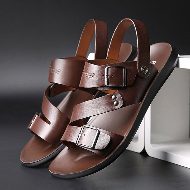 Cowhide Casual Fashion Open Toe Beach Shoes Thick Sole Non-slip Breathable Buckle Sandals Men's Comfortable Two Wear Sandals