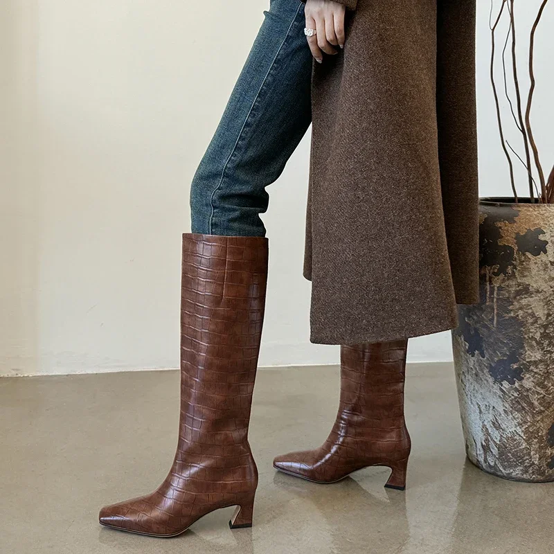 JOZHAMTA Size 34-40 Knee Boots For Women Genuine Leather Block High Heels Shoes Winter 2025 Wide Calf Casual Long Tall Boots