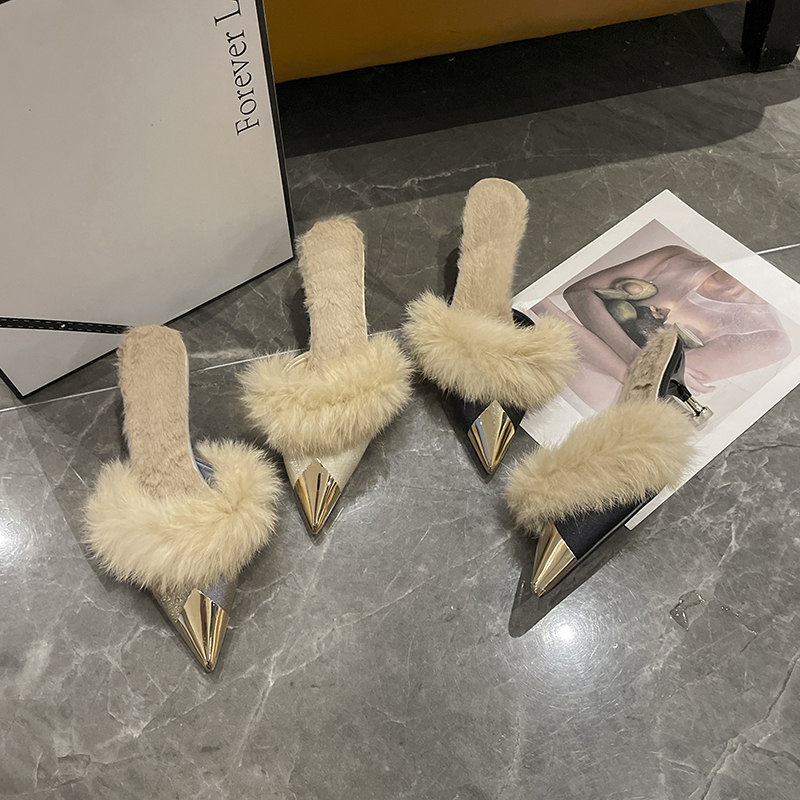 High Heel Shoes Fur Slippers Women Mules Pointed Toe Furry Slides Fashion Elegant Designer Flip ps Office Pumps 0f4a