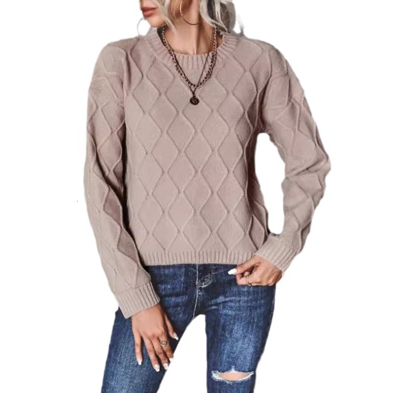 dongdumaoyi New autumn and winter solid color pullover round neck sweater, fashionable diamond solid color loose casual knit sweater F0914#43