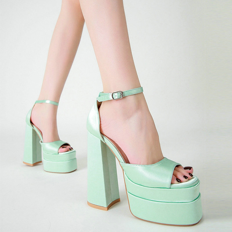 Summer 2024 New Products Square Head Hollow Thick Satin High Heel Fish Mouth Women's Shoes Plus Size Catwalk Sandals Trend 0b41