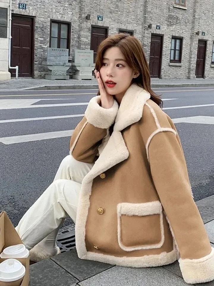 Winter Warm Plush Thick Casaco Casual Classic Cashmere Lining Jacket for Women Korean Chic Single Chest 240905