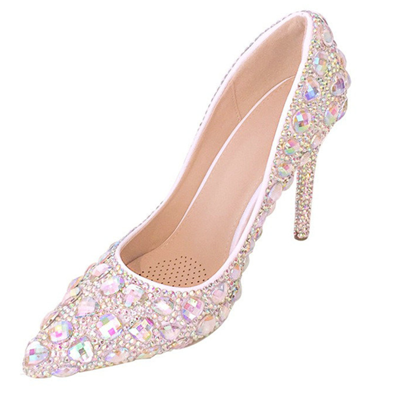 White Diamond women wedding shoes Bride High Heels Shoes Ladies Super Party Dress Shoes Woman Pointed Toe