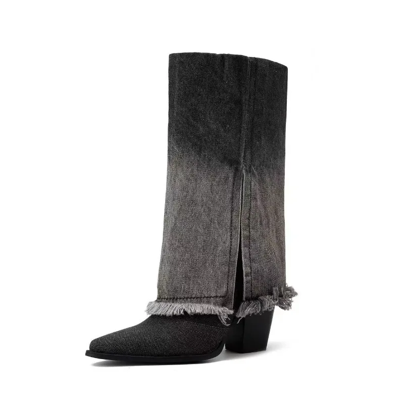 Black Blue Gradient Washed Denim Fringed Skirt European American Fashion Women's Coarse Heel Western Jeans Pants Boots
