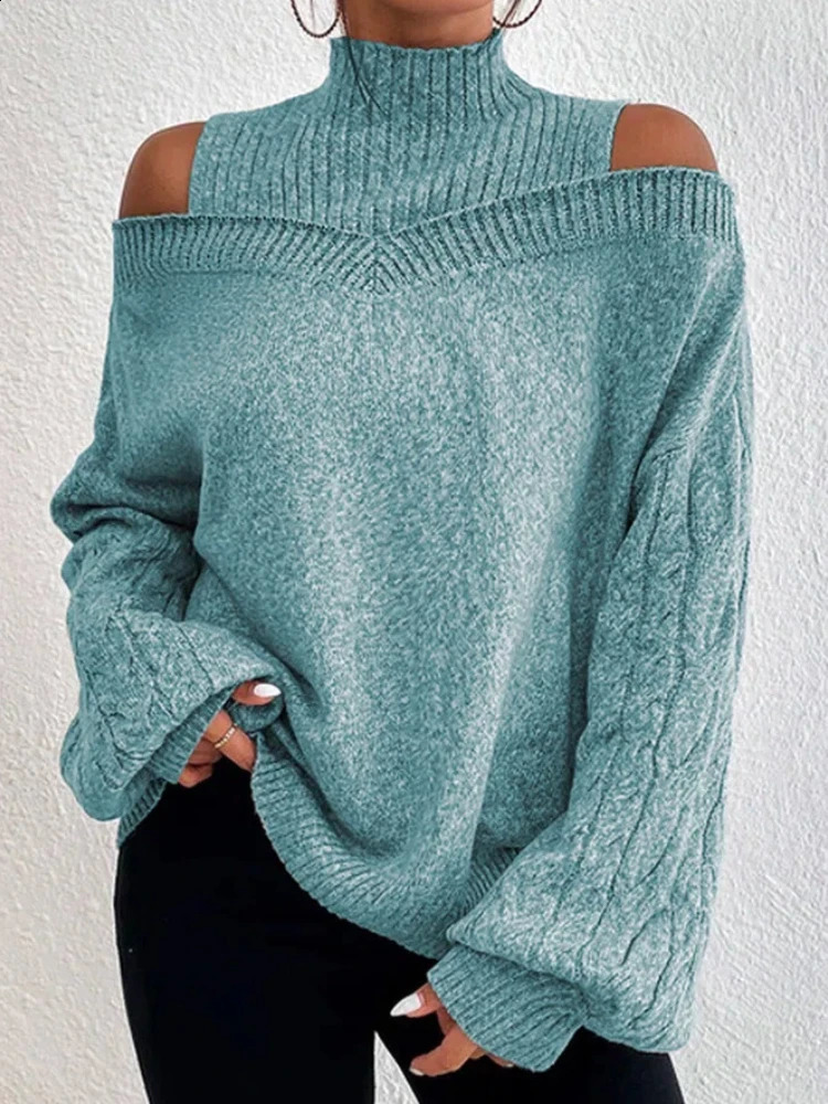 Winter Fashion Womens High Neck Knitted Pullover Loose Elastic Wool Knitted Top Off Shoulder Elegant Street Style Sweater 240911