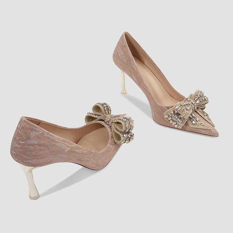 2025 new Spring New Bride Pumps Glass Slipper Princess Adult Bow High Heels Wedding Shoes Woman 70e4