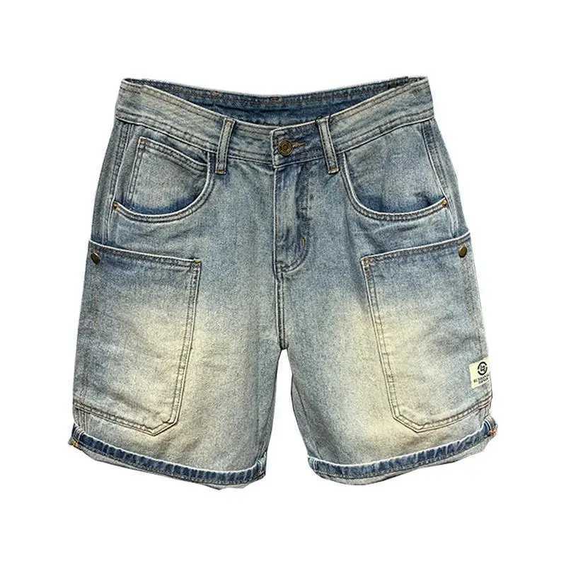 Summer Korean Luxury Clothing Vintage Mens Casual Denim Solid Knee Length Shorts with Vintage Large Pockets Blue Jeans for MenX240914
