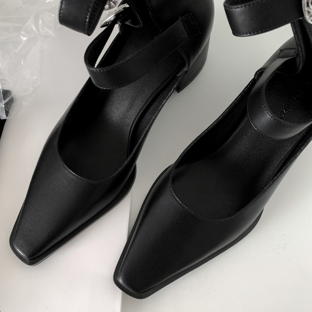 genuine Women's leather metal buckle pointed knee high motorcycle summer square toe 5.5cm thick med heel punk boots b846