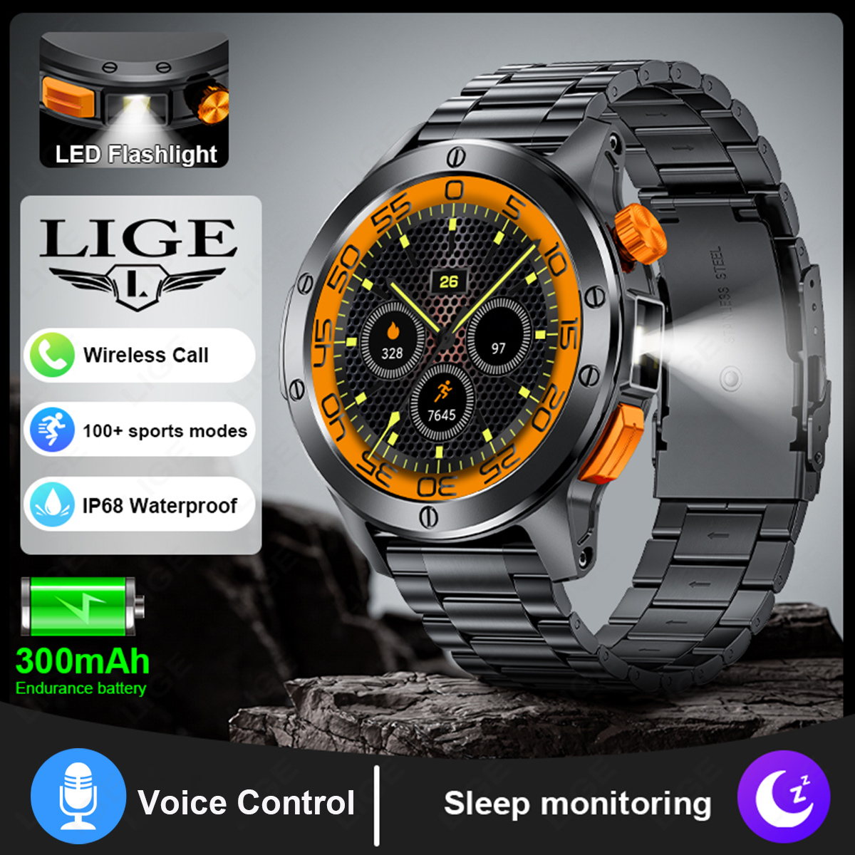 LIGE New Smart Watch Multi functional Waterproof Step Counting Bluetooth Voice Assistant Remote Control Photography Precision Steel Belt Watch