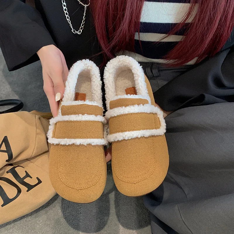 Retro Flat Bottomed Casual Women's Cotton Shoes Autumn Winter Mocasines Thick Plush Slip on Loafers Soft Sole Khaki Zapatillas