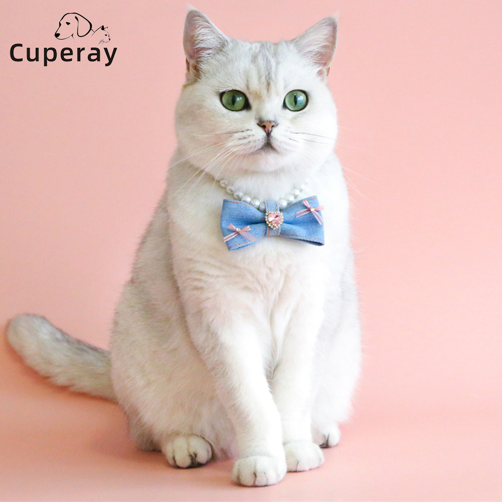 Pet Collar Pearl Denim Adjustable Puppy Collar Necklace Princess Heart Gemstone Rhinestone Birthday Bow Bichon Frize Dog Collars
