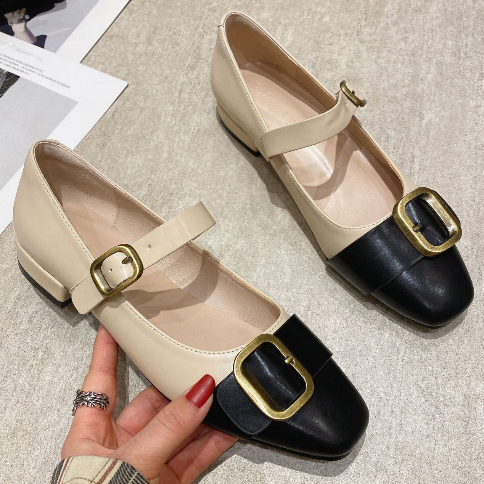 black/beige mixed color low heel leather shoes woman metal buckle mary janes retro square toe ankle belt pumps talon femme 2022