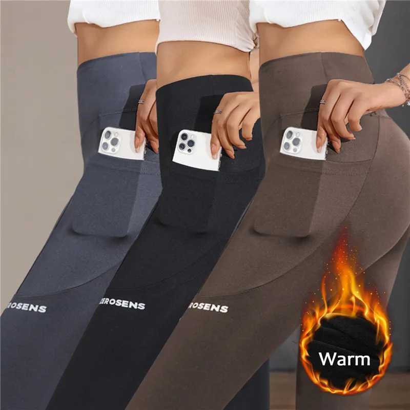 Autumn Winter Warm Leggings Women Thermal Sports Tightsthicken Fleece Gym Workout Pants Yoga Trousers with Pocket Fitness WearX240914