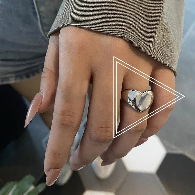 Stainless Steel Simple Smooth Metal Heart Ring for Women Men Y2K Trendy Korean Elegant Party Jewelry Couple Gifts 240906