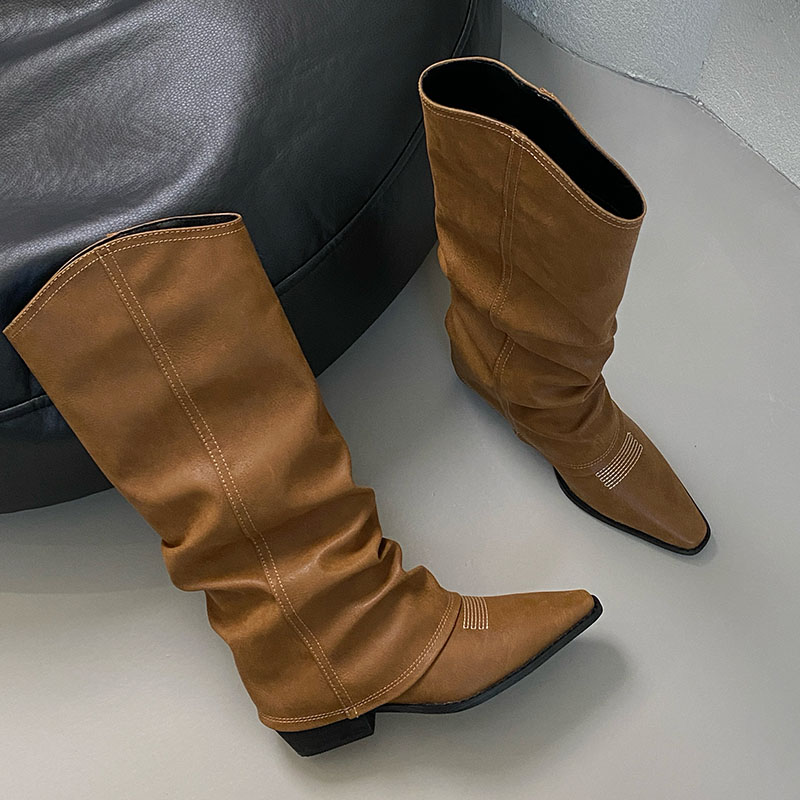 Footwear Square Heels Slip On Ladies Western Long Booties Female Fashion Pointed Toe Women Knee High Boots Shoes