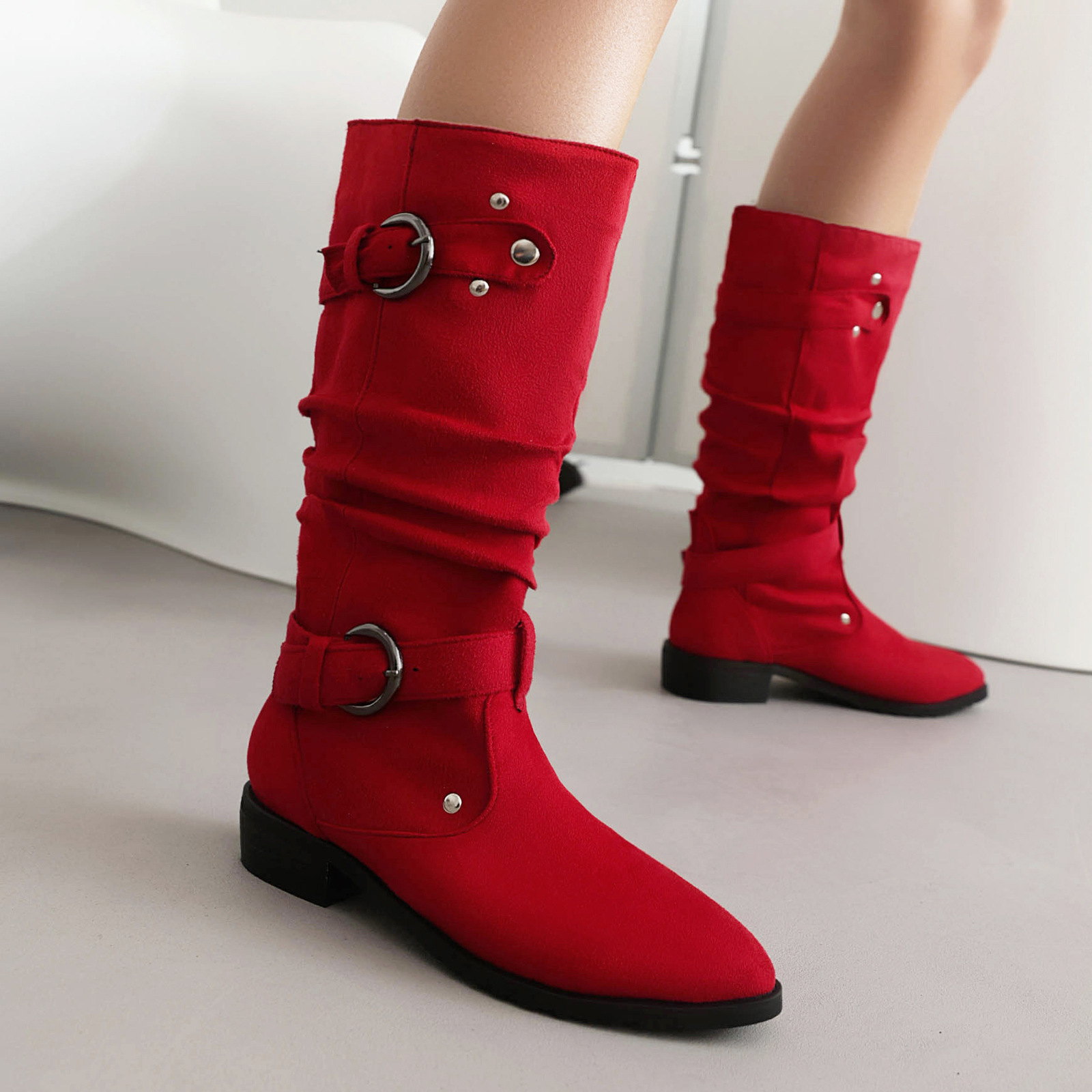 Fashion Shoes Boots Woman Rivets Round Toe Punk Ladies Mid Calf Large Size Low Rubber Slip-On Lace-Up Hoof Heels Metal Decorati d5a7