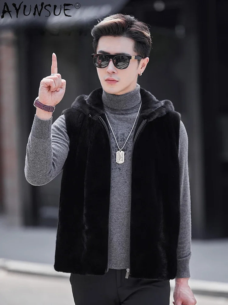 AYUNSUE Real Mink Fur Vest for Men Hooded Winter Autumn Natural Fur Coat Sleeveless Mink Fur Jacket Black Fur Coats 240905