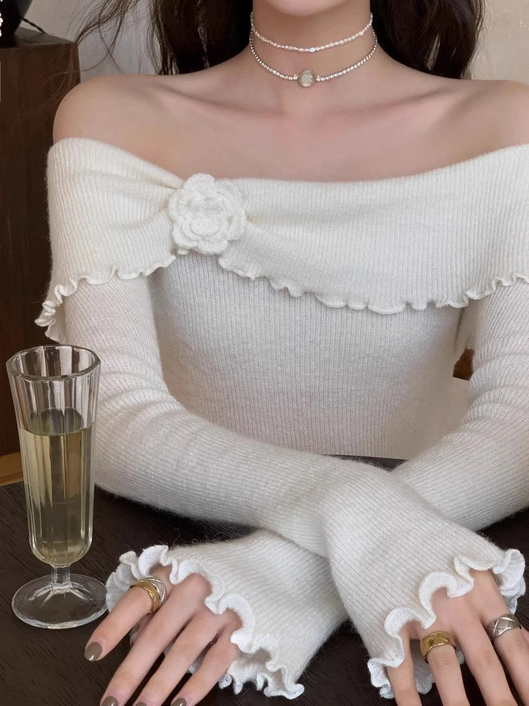 Deeptown Korean Fashion Off Shoulder Sweater Women Fairycore Aesthetic Knitted Jumper Mujer Chic Elegant Long Sleeve Top Spring 240911