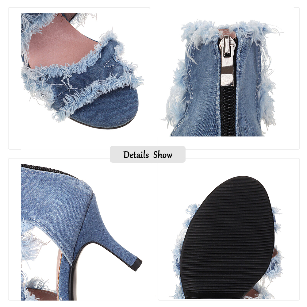 Open Toe Denim Women's Sandals Ankle Strap Stiletto Peep Toe Cutout Zipper High Heels Sandals Casual Daily Shoes Plus Size 46