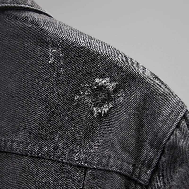New black denim jacket for 2024 simple personalized design trend of holes mens jacket thin touch mens top W240914