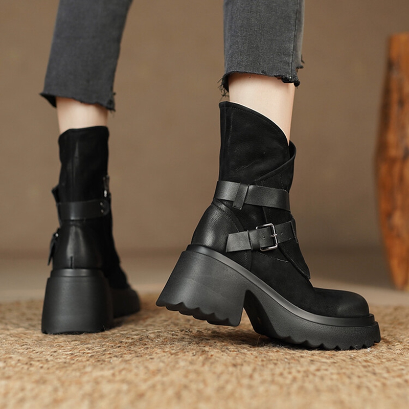 Autumn NEW Genuine Leather Round Toe Platform Belt Buckle Casual Solid Thick Heel Short Boots for Women b61c