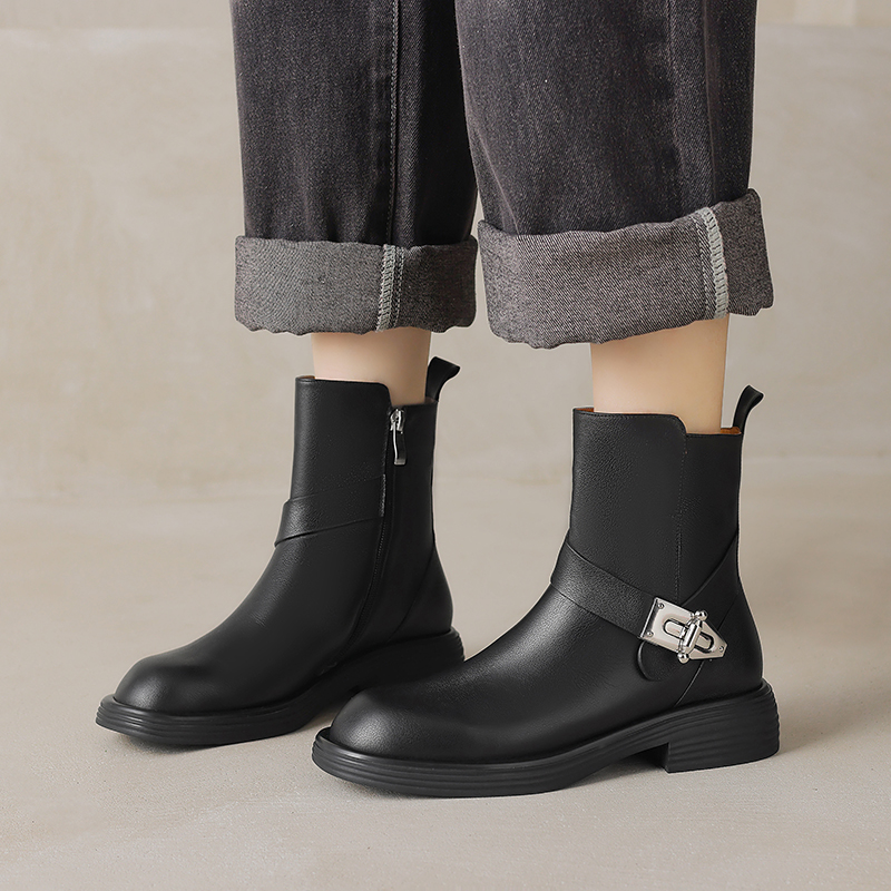 2024 New Autumn Genuine Leather Round Toe Chunky Short for Women Winter Med Heel Western Ankle Boots 8517