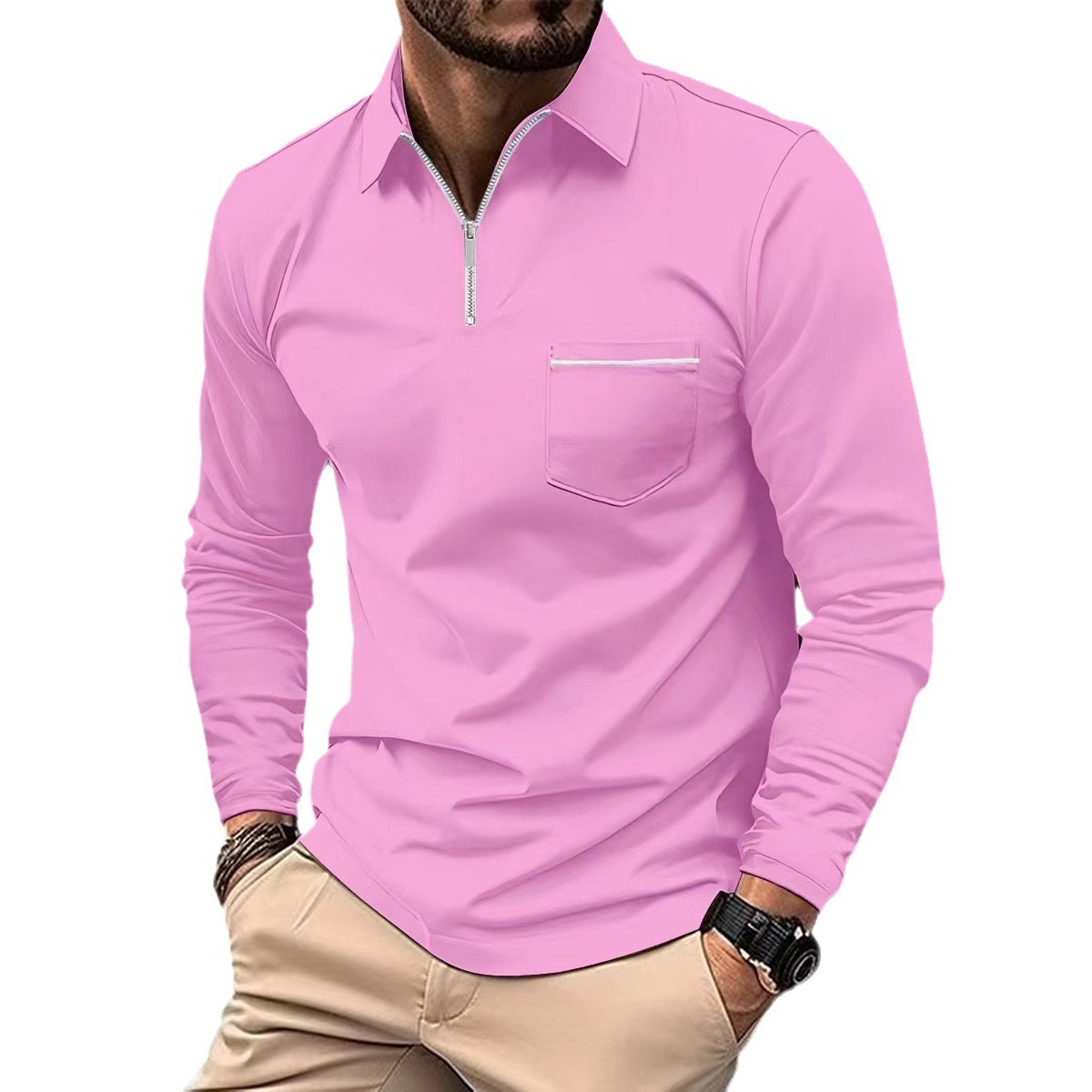 POLO shirt Zipper pocket long sleeve sports polos shirts for men Summer cotton New Men's Casual Fashion Lapel Zipper Business Color Matching top 