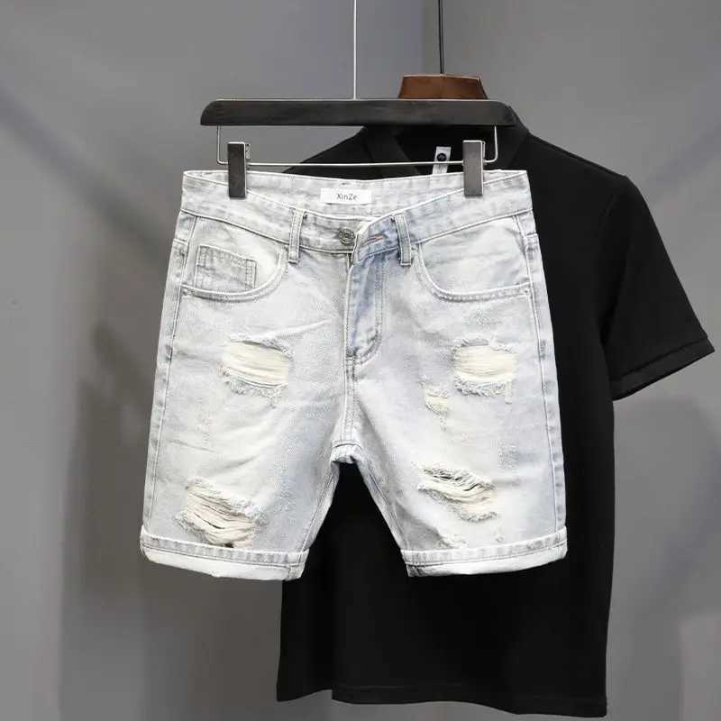 High Quality New Summer Korean Luxury Clothing Design Mens Casual Denim Shorts Distressed Cat Whisker Streetwear Short PantsX240914