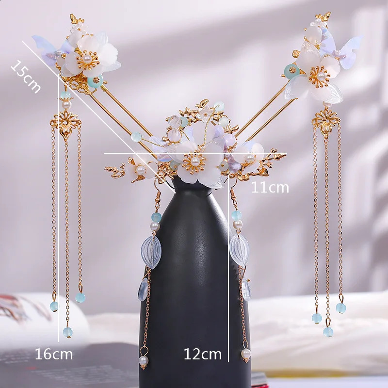 Chinese Hanfu Hair Accessories Set Long Fringed Vintage Hairpins Flower Handmade Sticks For Women Traditional Retro Jewelry 240903