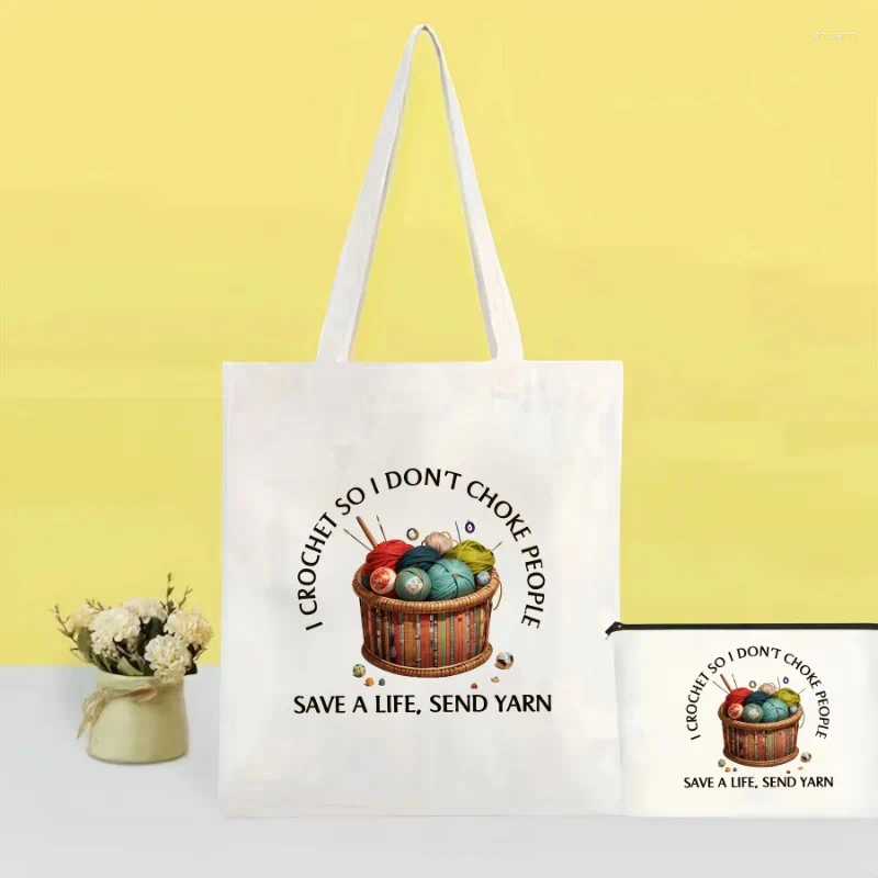 2025 NEW Drawstring 2PCS Crochet Themed Print Set Large Capacity Canvas Shoulder Bags Cosmetic Perfect Handbag For Daily Use Decorate zhanyishengli