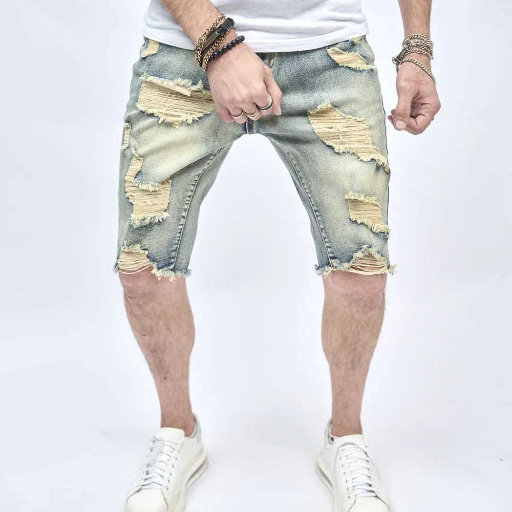 Summer Retro Style Ripped Men Slim Denim Shorts Stylish Cotton Men Street Holes Casual Beach Straight ShortsX240914