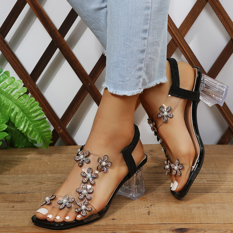 Women Flowers Rhinestone Sandals Clear Heeled Dress Shoes Bling Crystal Floral Beach Shoes High Heels Sandalias mujer 2022 9606N