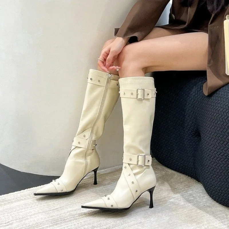 for Knee Women Cool Metal Pointed Toe High Heels Gothic Punk Western Boots Female Rivet Buckle Sexy Ladies Booties e5ab