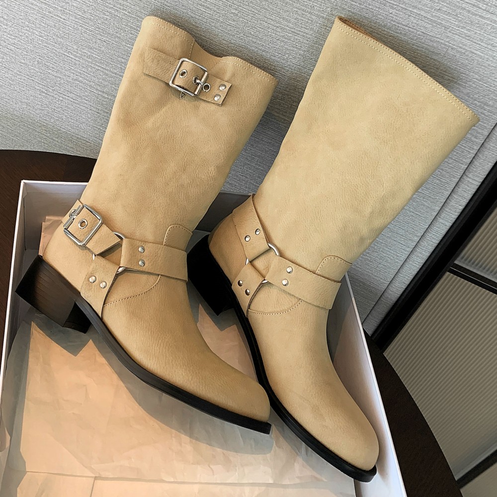 genuine Women's leather metal buckle slip-on flats autumn mid-calf casual female punk half boots high quality shoes woman 8aa4