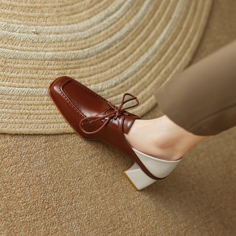 New Spring 2023 Loafers Split Leather Square Toe Chunky for Mixed Colors Mid-heel Women Pumps Lace-up Shoes 1aa3