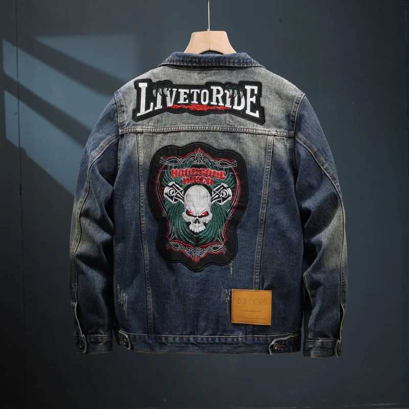 Motorcycle Embroidered Cowboy Jacket Mens Street Retro Nostalgia American Work Clothes 2024 Spring/Summer New Mens Clothing W240914