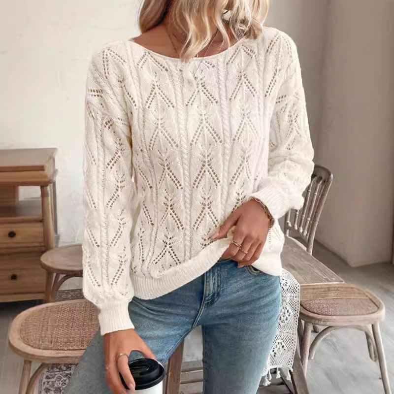 dongdumaoyi New women's knitted sweater fashionable pullover round neck long sleeved hollow solid color sweater top F0914#40