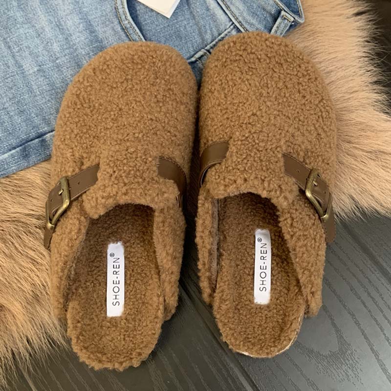 Winter 2023 Warm Ladies Flat With Furry Shoes Fashion Buckle Strap Women Mules Fur Slippers Casual Outdoor Indoor Female Slides 0946