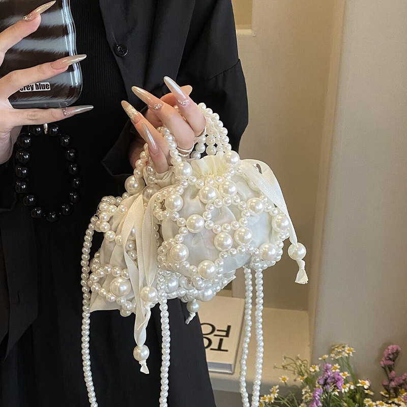 Spring/Summer New Product Internet Celebrity Same Style Fashion 2024 Dark Beaded Small Waste Concave Design Handheld Crossbody Bag